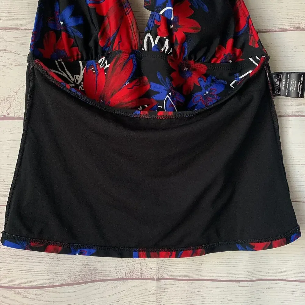 Catalina Floral Halter Tankini Swimsuit Top Red White Blue Size S (4-6)